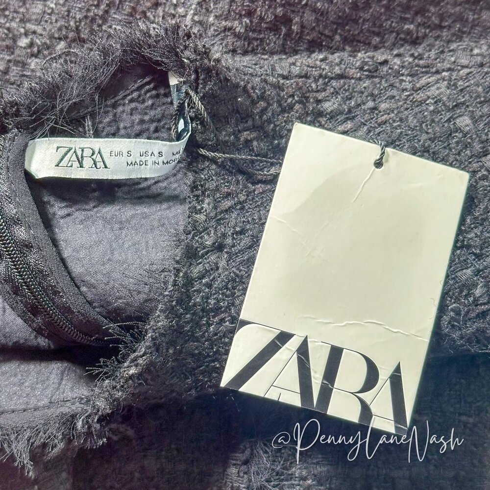 NWT Zara Structured Tweed Frayed Mini Dress Black - Picture 10 of 14